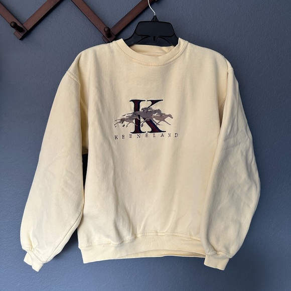 Sweaters - Vintage Keeneland Horse Racing Fleece Pullover Womens Small Yellow Long Sleeve